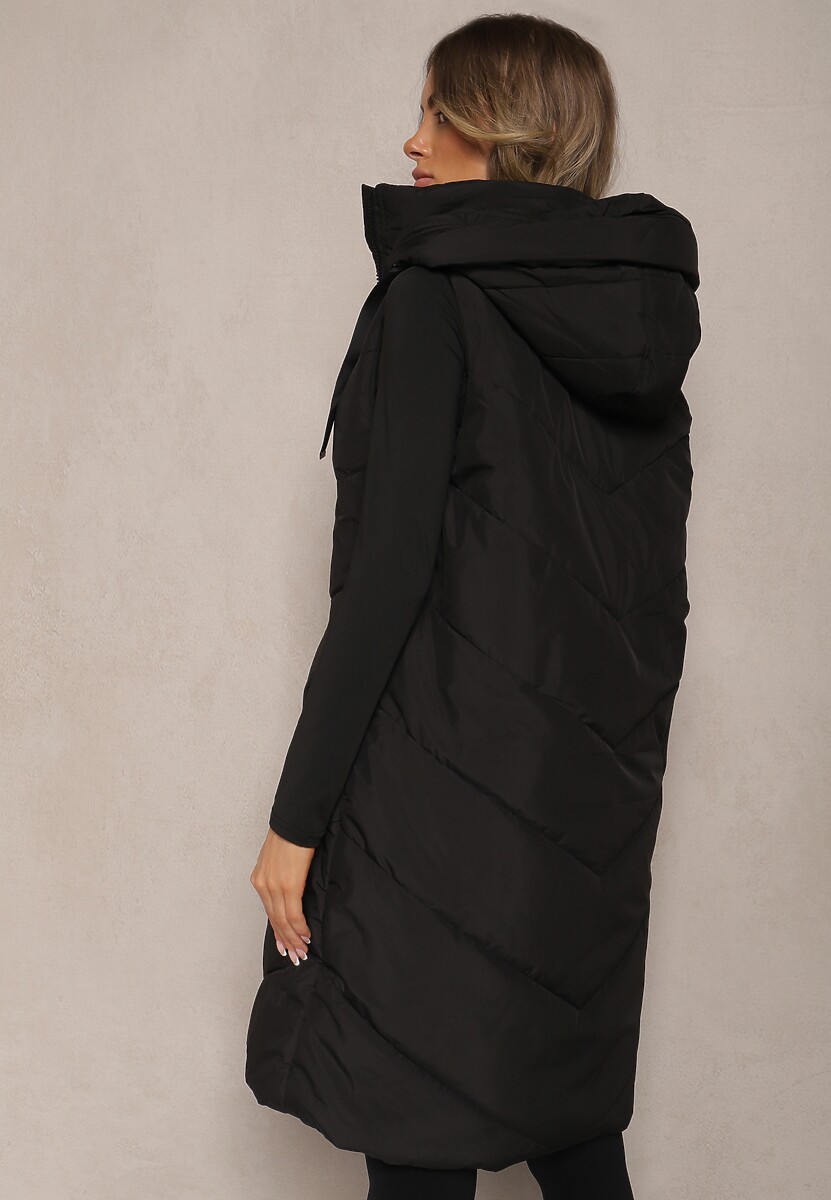 Czarna Kamizelka Ozdobiona Pikowaniem ze Sznurkami i Kapturem Mivirina