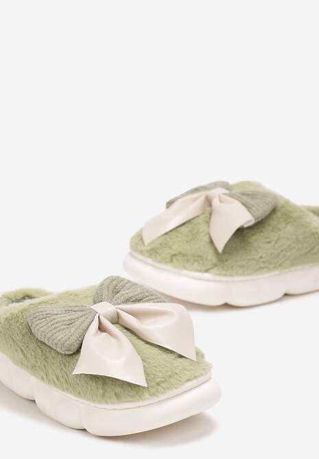 Zielone Futrzane Kapcie Zimowe Ozdobione Kokardką Saceta