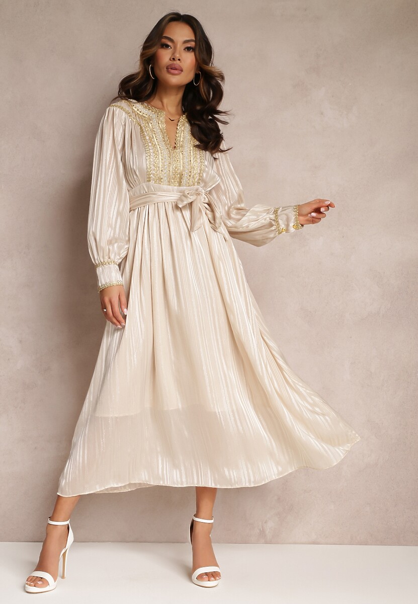 Ciemnoróżowa Metaliczna Sukienka z Ozdobnym Dekoltem i Paskiem Adyson