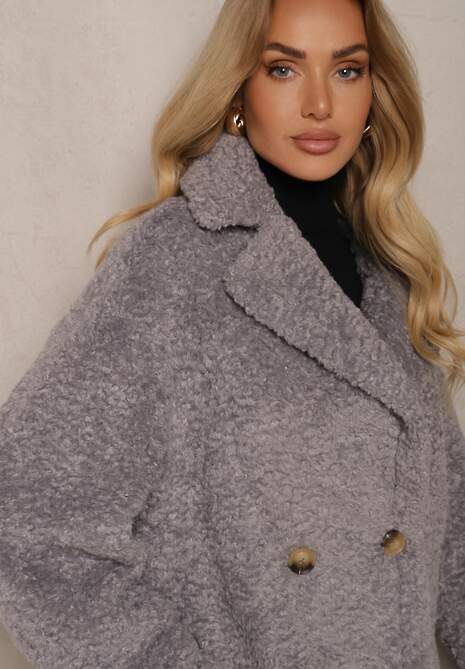 Szara Dwurzędowa Kurtka Futerkowy Płaszcz z Dodatkowymi Rękawiczkami Hetirra