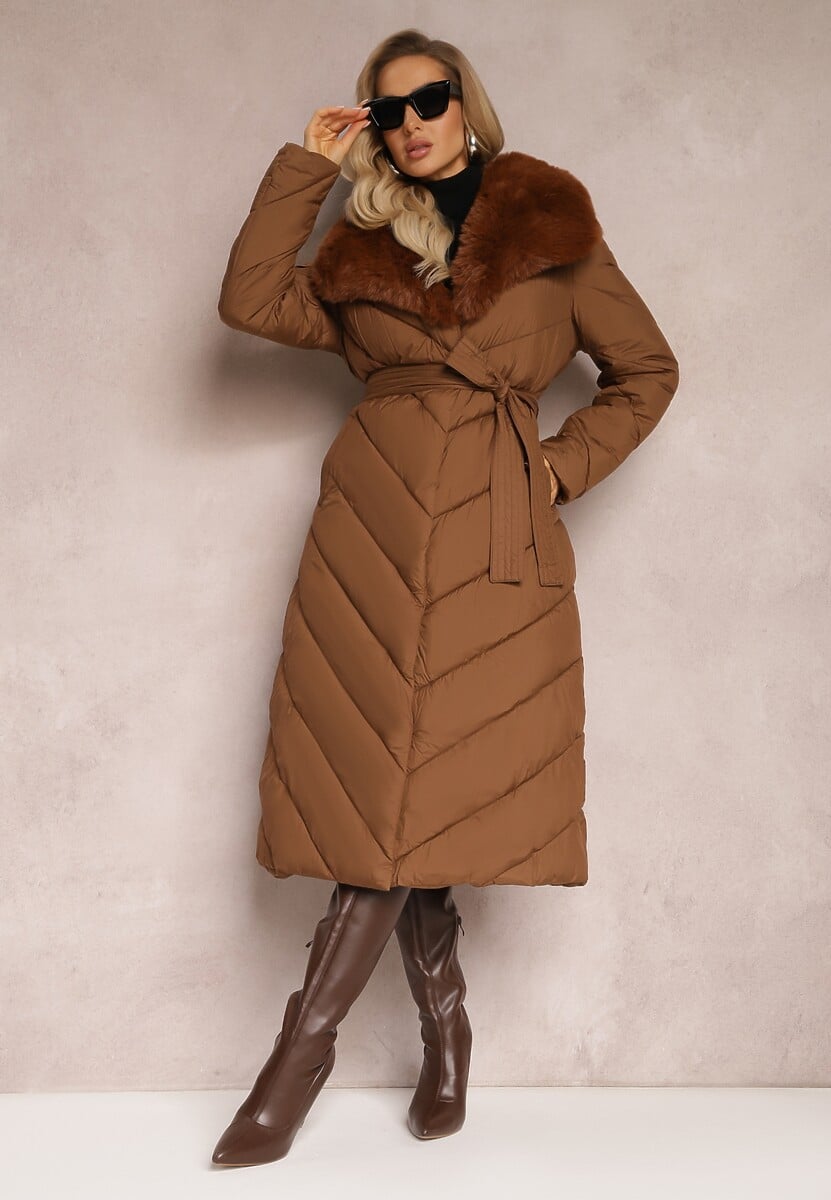 Brązowe Śniegowce z Ekozamszu Zdobione Futerkiem i Paskiem ze Sprzączką Leathor