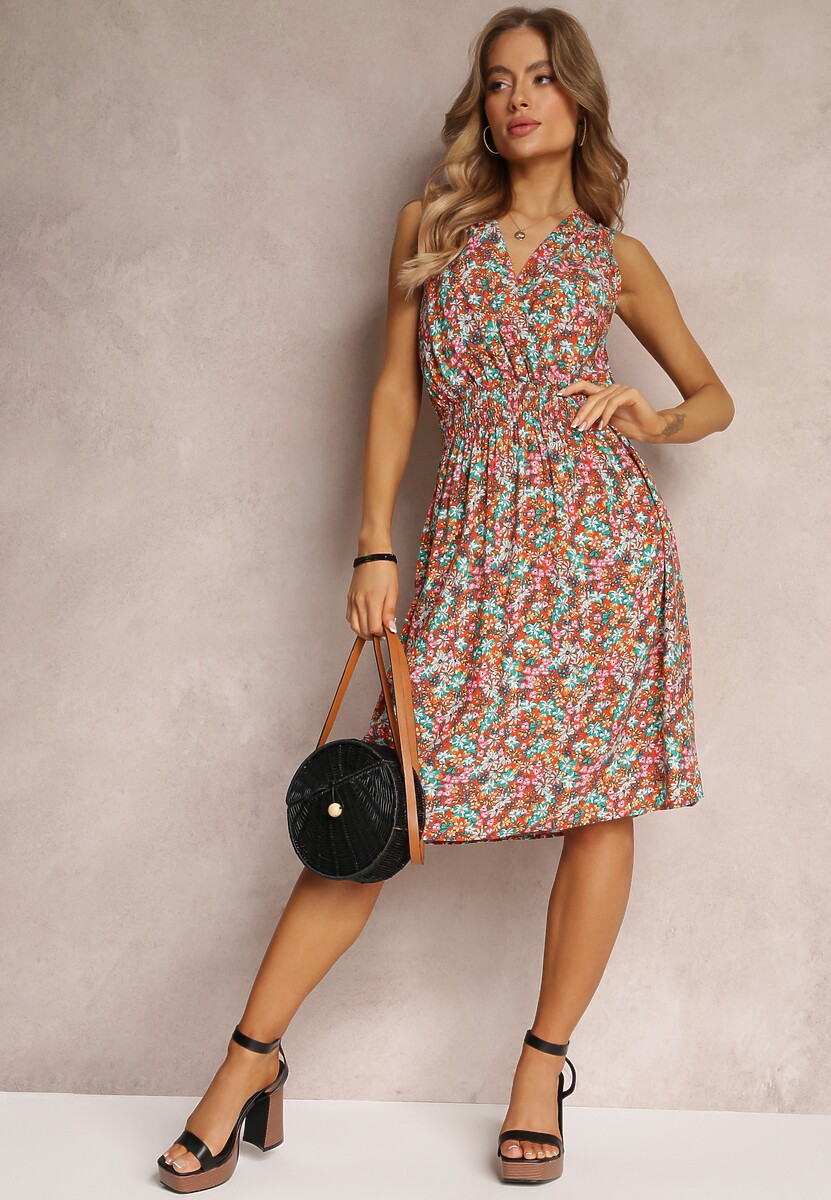Pomarańczowa Kwiecista Sukienka Midi z Wiskozy Bez Rękawów z Gumkami w Talii Sarunna