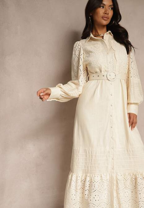 Beżowa Ażurowa Sukienka Koszulowa z Paskiem z Lnu i Wiskozy Arinemes