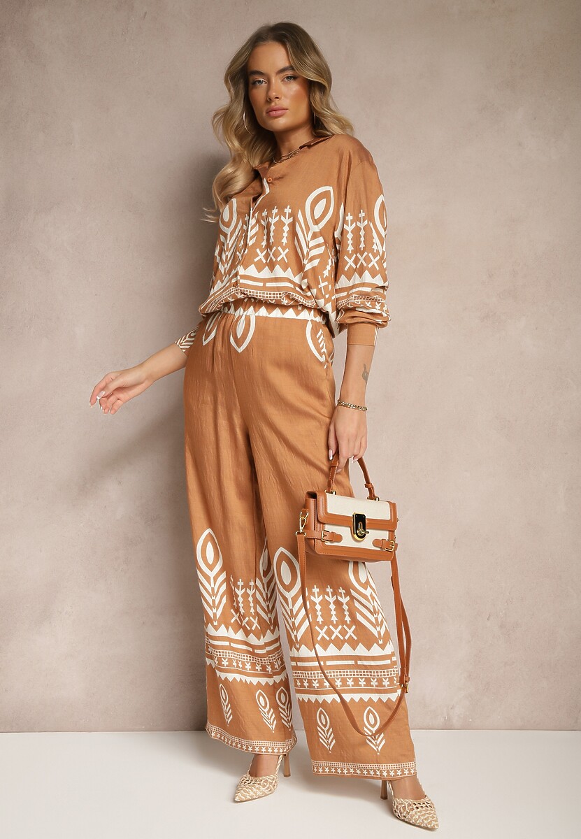 Beżowy Komplet z Wiskozą Koszula i Spodnie Zdobione Ornamentalnym Wzorem Gavris