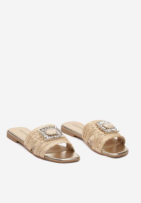 Beżowe Klapki z Imitacji Skóry z Paskiem Ozdobionym Kamieniami Allmina