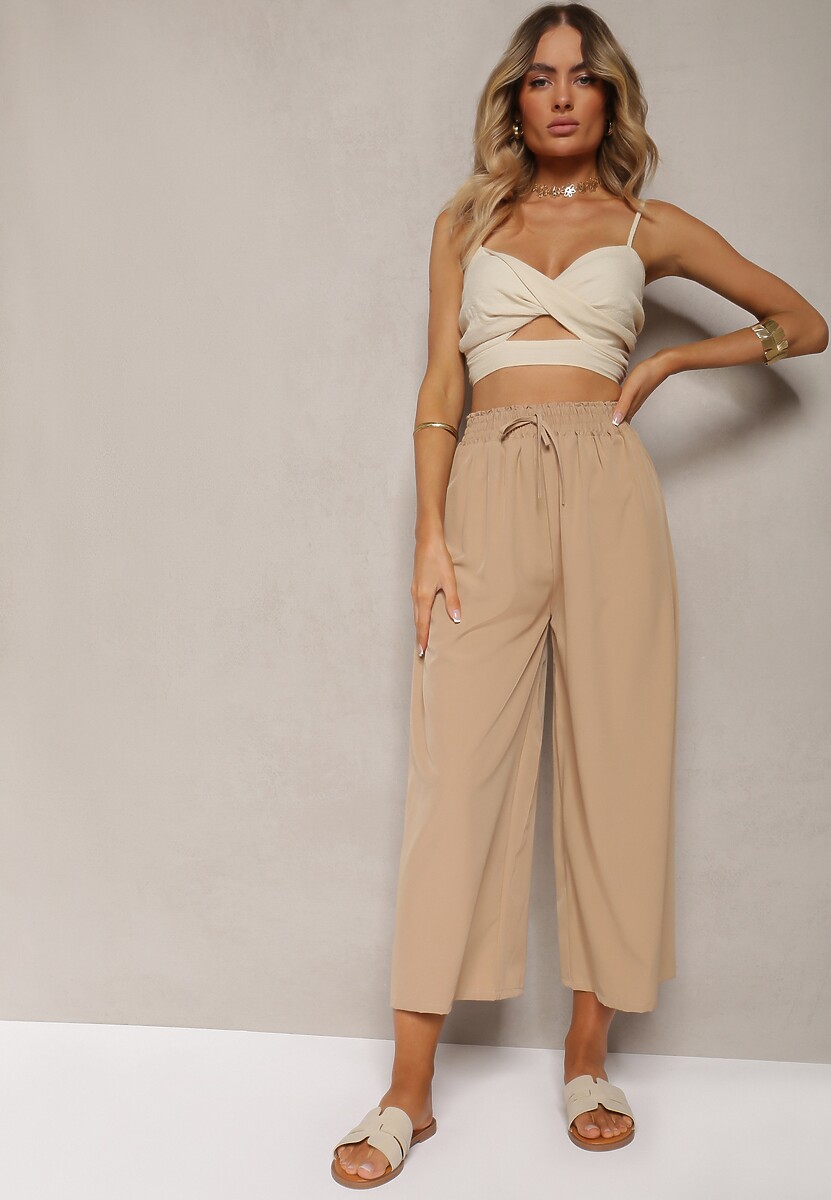 Czarne Spodnie High Waist z Szerokimi Nogawkami z Wiskozą Wykończone Gumką w Talii Crisantas