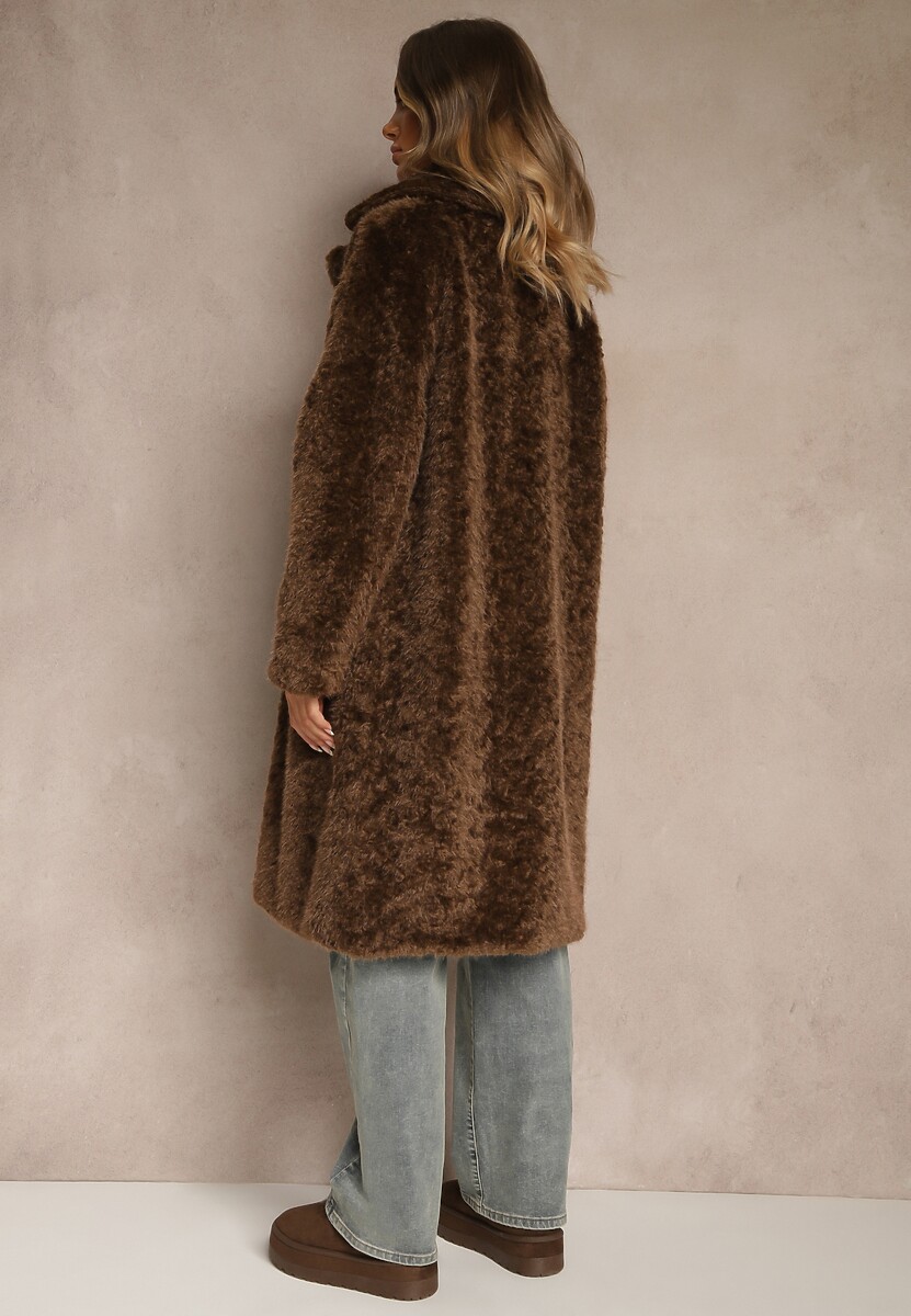 Brązowy Futrzany Płaszcz o Długim Kroju Typu Teddy Tadelia