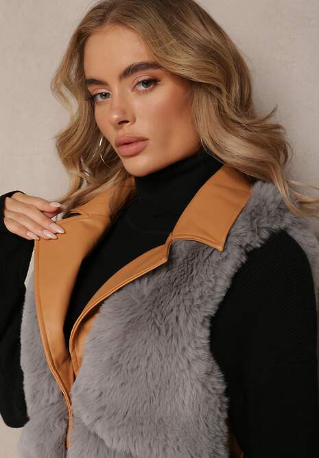 Szara Futrzana Kamizelka ze Wstawkami z Imitacji Skóry Plinia