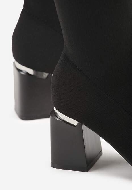 Czarne Eleganckie Kozaki VICES ze Skarpetkową Cholewką na Słupku z Aplikacją Raleana