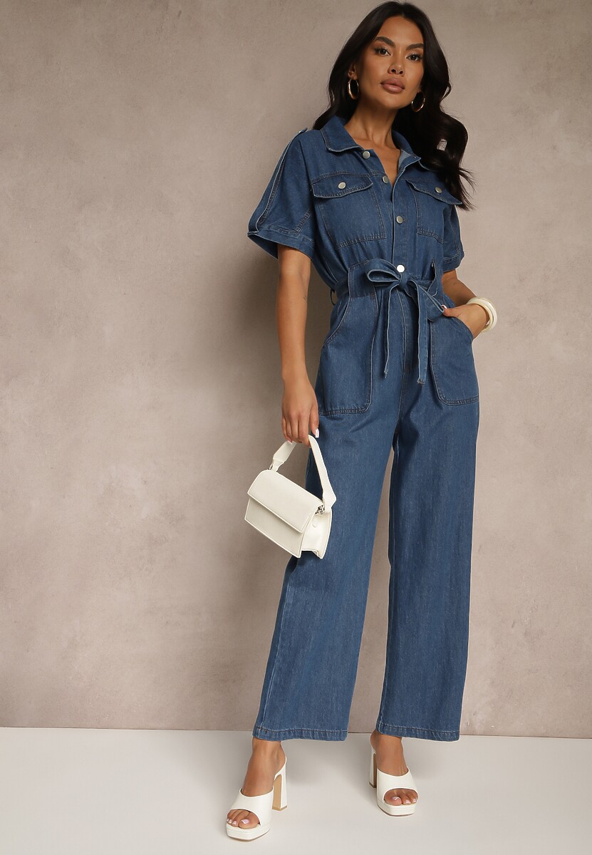 Czarny Denimowy Kombinezon z Bawełny z Materiałowym Paskiem w Talii i Szerokimi Nogawkami Yonadea