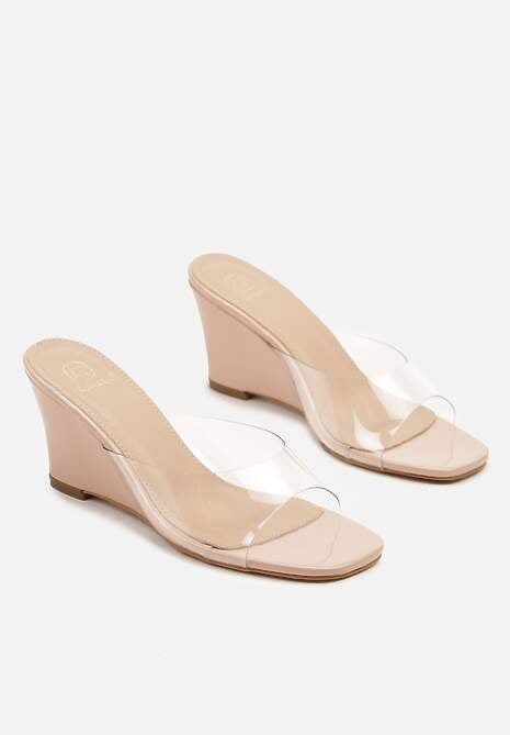 Beżowe Klapki na Koturnie z Transparentną Cholewką Arozia