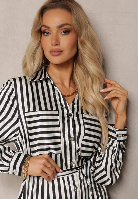 Czarno-Biała Koszulowa Sukienka Długa w Paski z Materiałowym Paskiem Jasilia