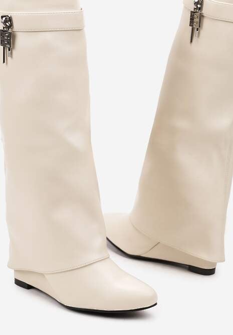 Beżowe Kozaki z Cholewką Imitującą Nogawkę i Koturnem Ericelle