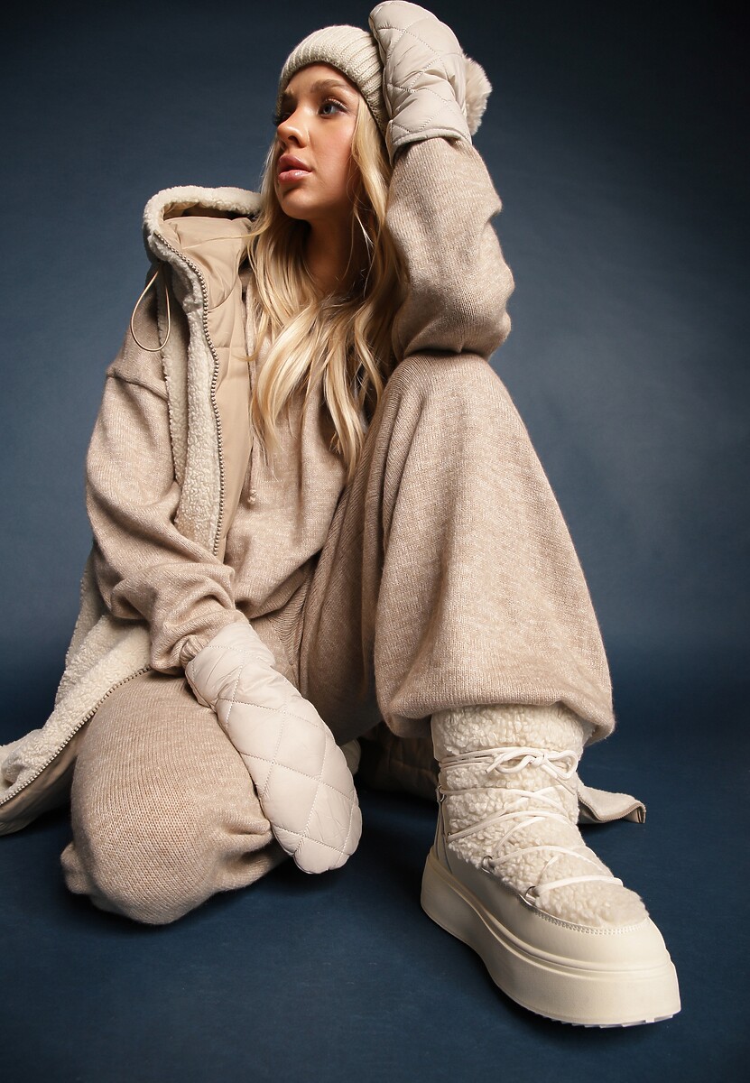 Beżowe Śniegowce Vices na Platformie ze Sznurowaniem i Futerkiem Nomicea