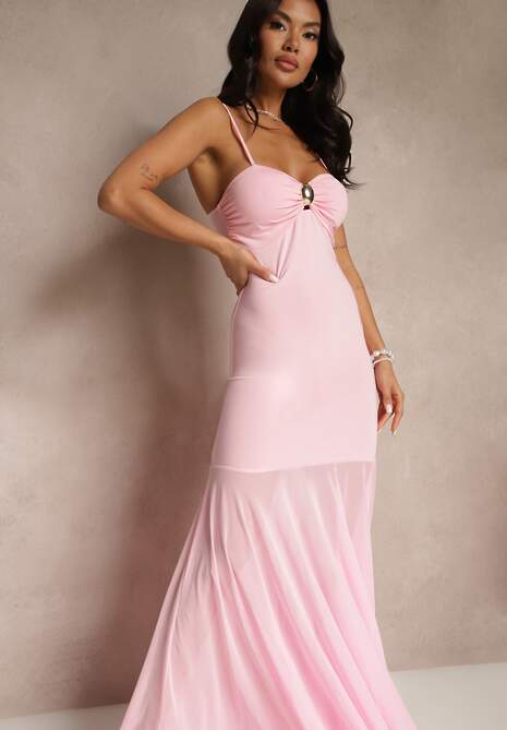 Różowa Sukienka na Ramiączkach z Wiskozą z Siateczkowym Zdobieniem Savorielle