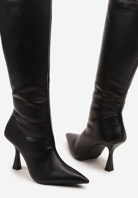 Czarne Kozaki na Obcasie Typu Szpilka ze Szpiczastym Noskiem Lanirre