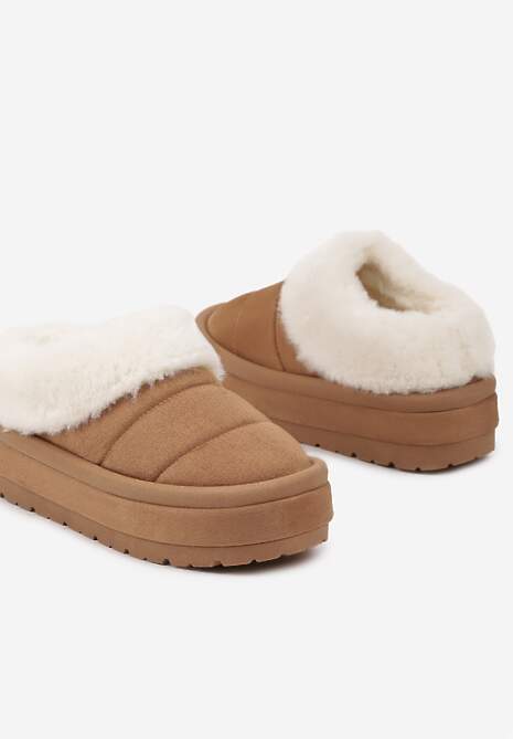 Jasnobrązowe Niskie Śniegowce Ekozamszowe na Platformie z Pikowaniem i Futerkiem Realira