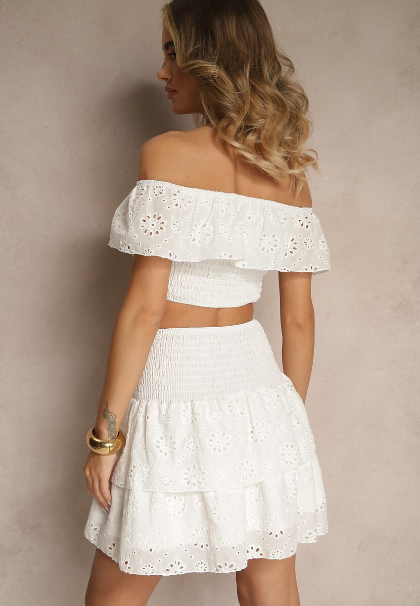 Biały Bawełniany Komplet 2-Częściowy Ażurowy Top Typu Hiszpanka Spódnica z Gumką w Talii Mavima