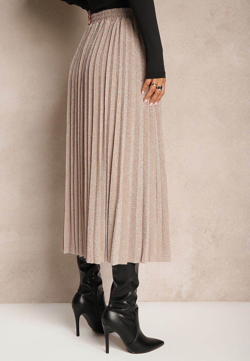 Beżowa Połyskująca Spódnica o Rozkloszowanym Kroju z Gumką w Pasie i Plisami Edalliana