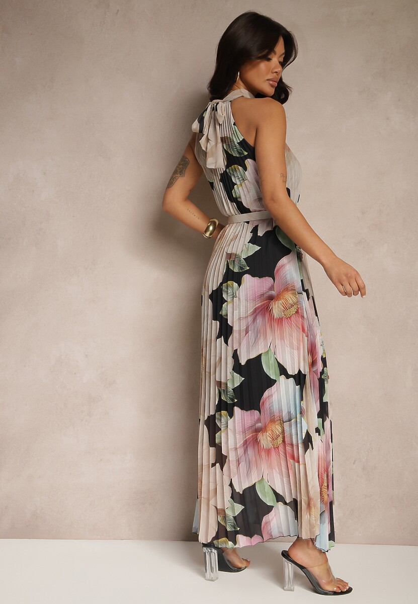 Czarna Plisowana Sukienka z Wiązaniem i Paskiem z Klamrą Nitolia