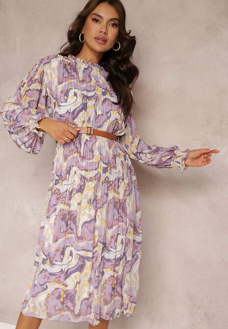 Fioletowa Plisowana Sukienka Midi z Długim Rękawem i Paskiem ze Sprzączką Lizeta