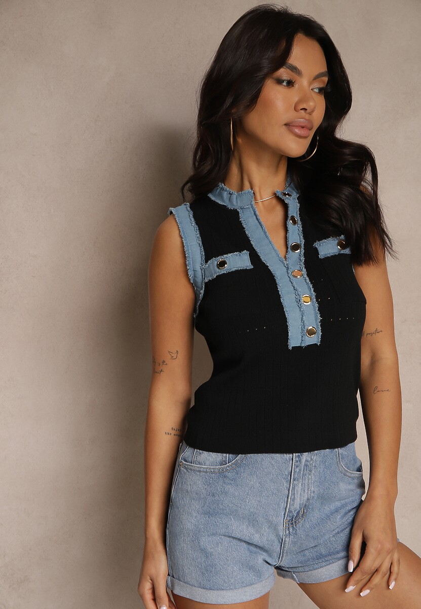 Czarna Bluzka z Wiskozą i Ozdobnymi Guzikami Natisenia