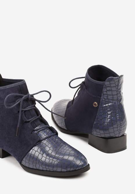 Granatowe Sznurowane Botki do Kostki Vices Zdobione Tłoczeniem Skóry Węża Wedvire