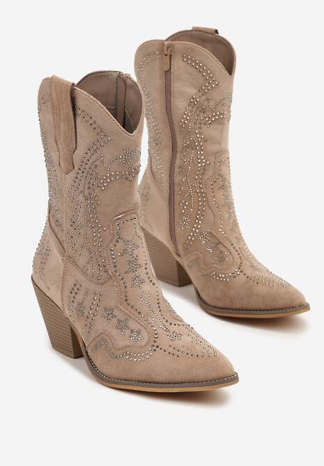 Ciemnobeżowe Botki na Kowbojki na Słupku z Cyrkoniami Flarise