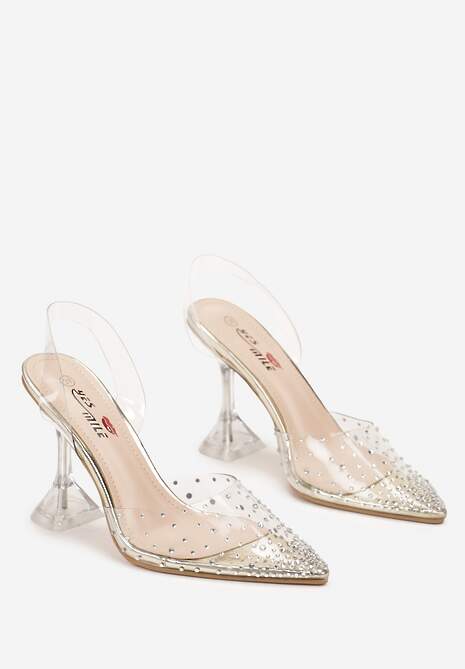 Złote Sandały z Transparentną Cholewką Ozdobioną Cyrkoniami na Geometrycznym Obcasie Cedrella