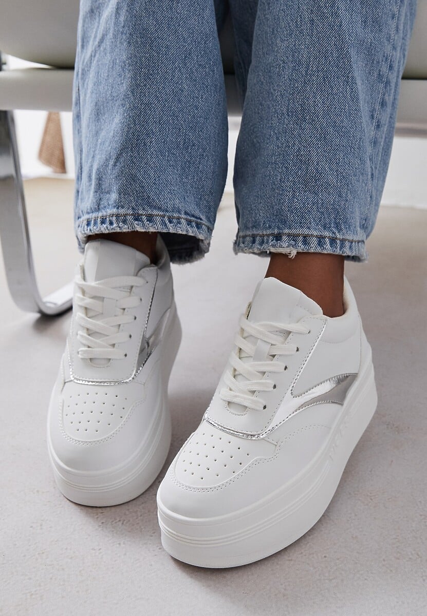 Białe Sznurowane Sneakersy Vices na Platformie z Metalicznymi Paskami Neliawen