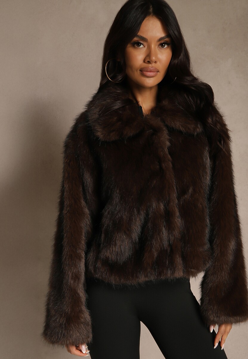 Brązowa Kurtka Futerko o Fasonie Cropped z Kołnierzem Abentia