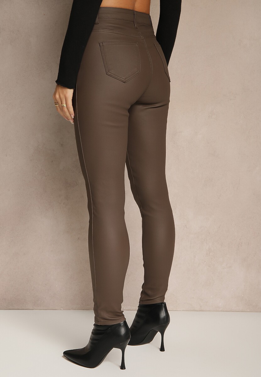 Brązowe Casualowe Spodnie Skinny o Modelującym Fasonie Elovi