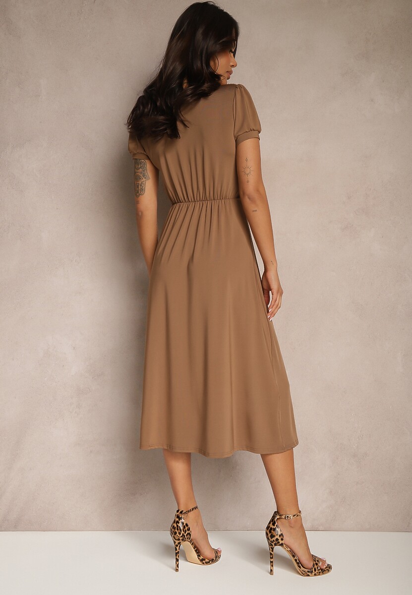 Brązowa Rozkloszowana Sukienka z Wiskozą Koktajlowa z Poduszkami w Ramionach Mimiza