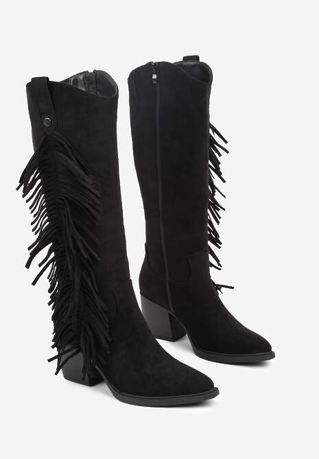 Czarne Kozaki Kowbojki na Stożku Zdobione Frędzlami Nucca