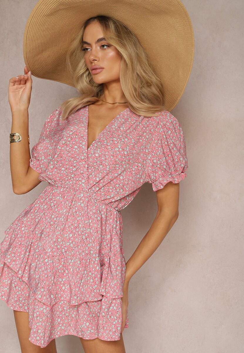 Różowa Krótka Sukienka Letnia z Gumką w Talii i Falbankami Jasimra