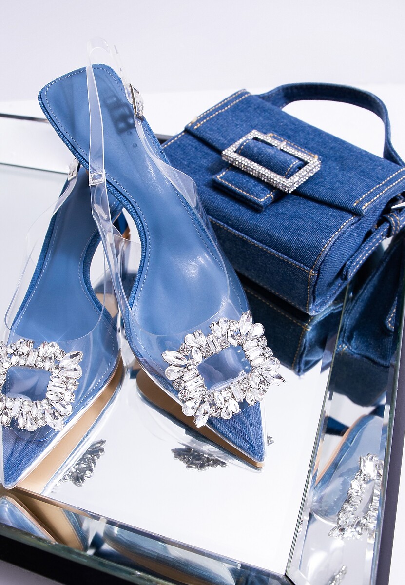 Niebieskie Przeźroczyste Sandały na Obcasie Typu Kaczuszka Ozdobione Błyszczącą Klamrą Gimiona