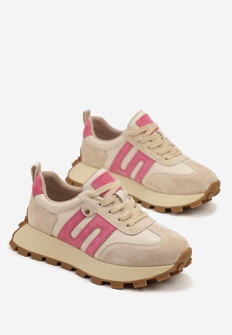 Beżowo-Fuksjowe Sneakersy ze Skóry Naturalnej Ozdobione Geometrycznym Wzorem Melassea
