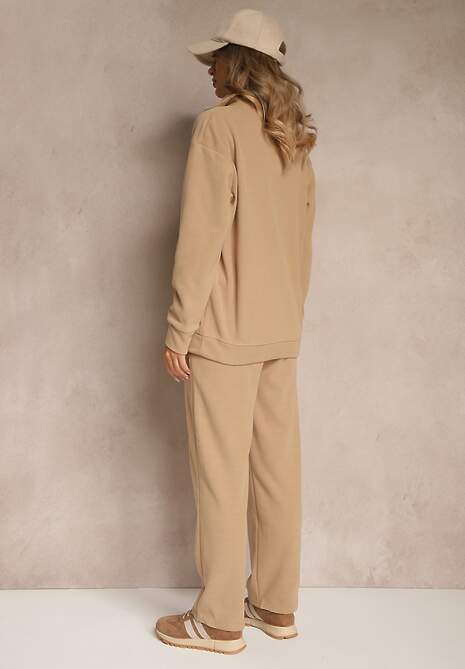Ciemnobeżowy Bawełniany Komplet Dresowy z Ociepleniem Spodnie i Bluza z Suwakiem Mistilia