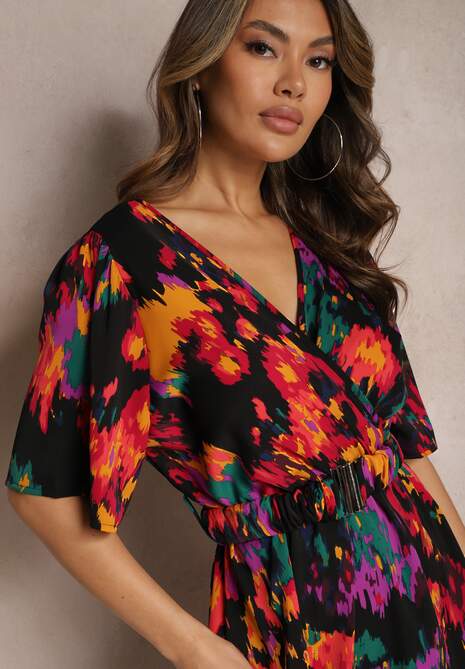 Czarno-Pomarańczowa Asymetryczna Sukienka z Gumką w Pasie i Kopertowym Dekoltem Perlana