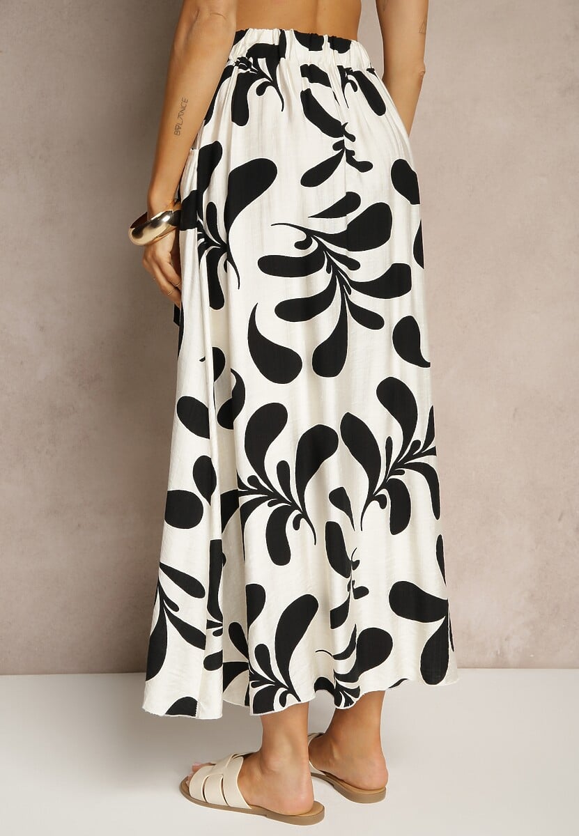 Biało-Czarna Wiskozowa Spódnica o Rozkloszowanym Kroju z Wiązanym Paskiem i Guzikami Zimela