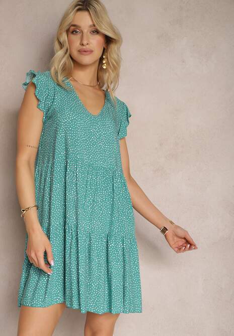 Zielona Rozkloszowana Sukienka z Bawełny w Kropki z Trójkątnym Dekoltem Riessa
