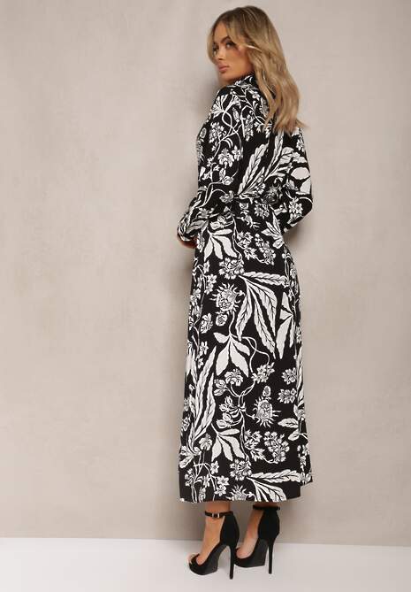 Czarno-Biała Sukienka o Długim Koszulowym Fasonie z Wzorem w Kwiaty Seraplle