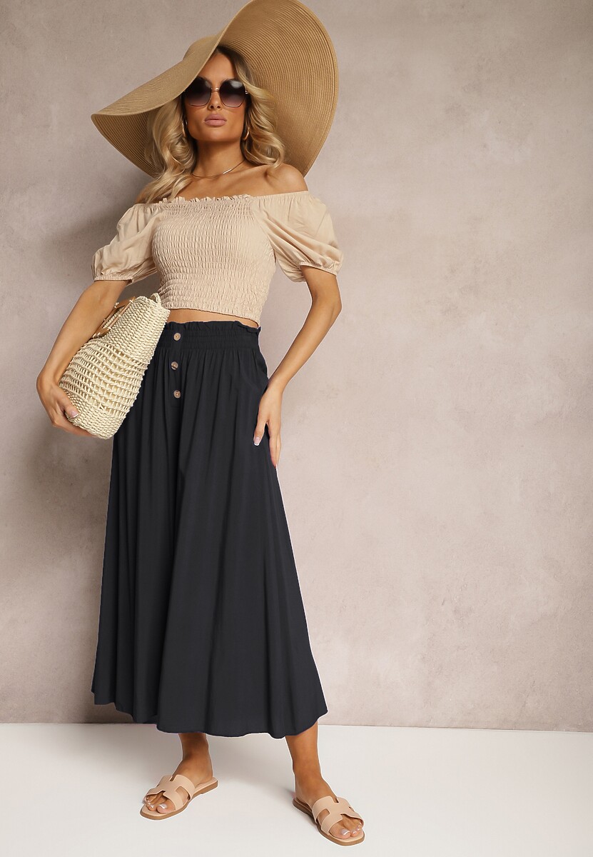 Granatowe Wiskozowe Spodnie  Palazzo z Gumką w Talli Zdobione Guzikami z Nogawkami 3/4 Efinna