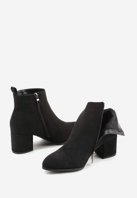 Czarne Botki Vices do Kostki z Imitacji Zamszu na Słupkowym Obcasie Lanisella