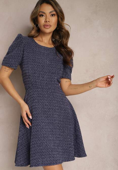 Granatowa  Rozkloszowana Sukienka Mini z Lekko Bufiastymi Rękawkami Merridia