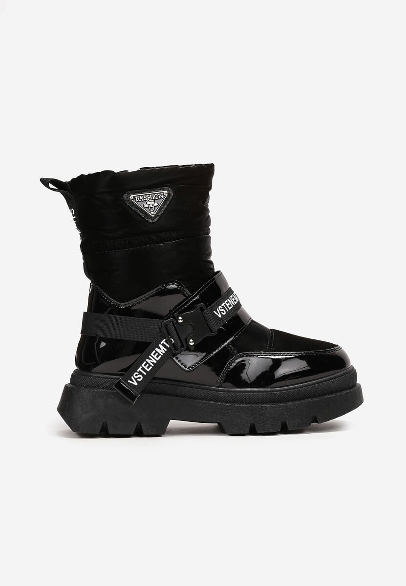 Czarne Śniegowce Lakierowane z Taśmami z Napisami Ermanno