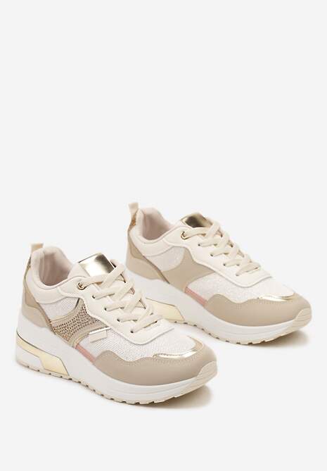 Beżowe Sneakersy z Brokatem Cyrkoniami i Metalicznymi Wstawkami Zephramis