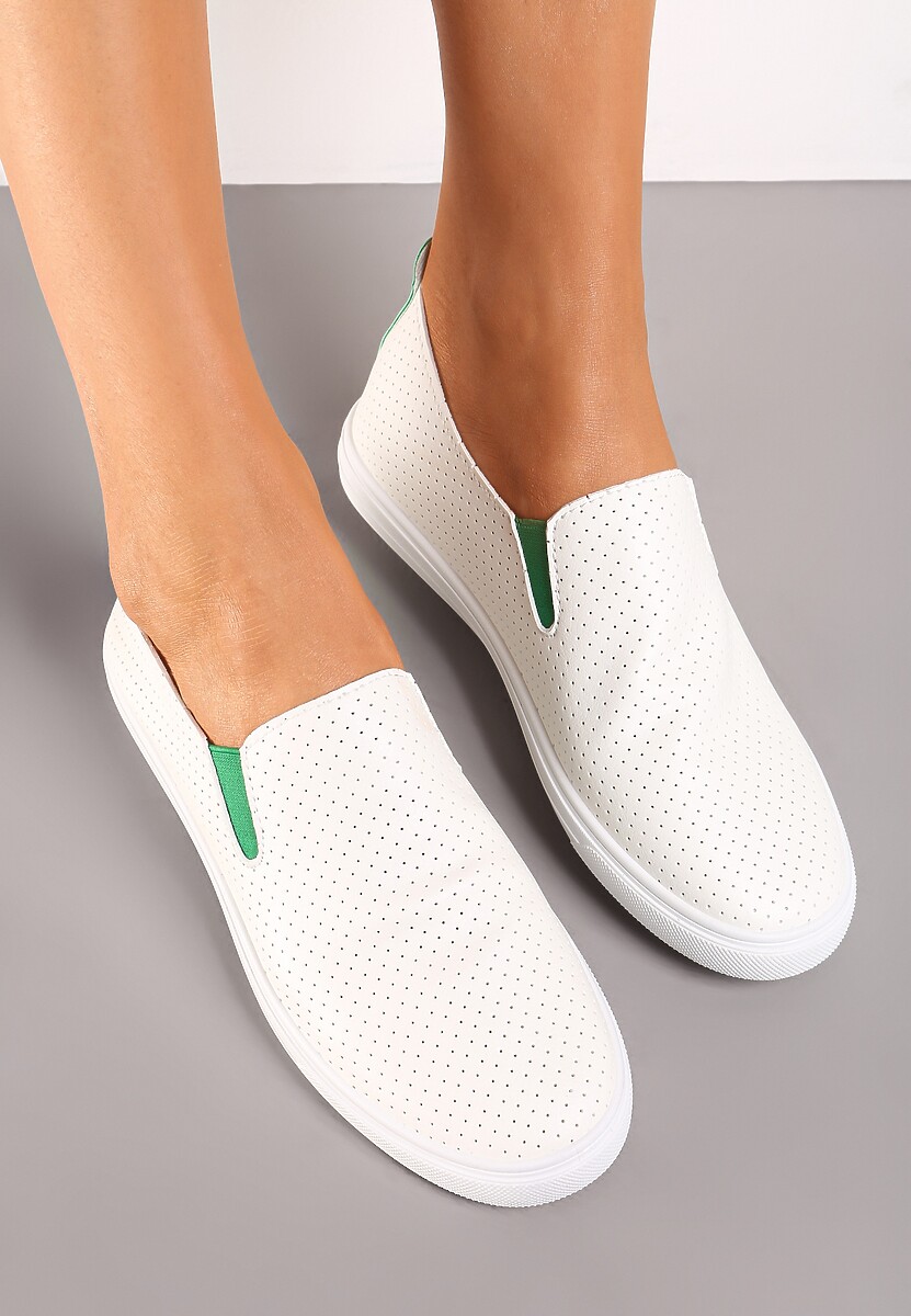 Biało-Zielone Tenisówki z Elastycznymi Wstawkami i Ozdobną Perforacją Qurina