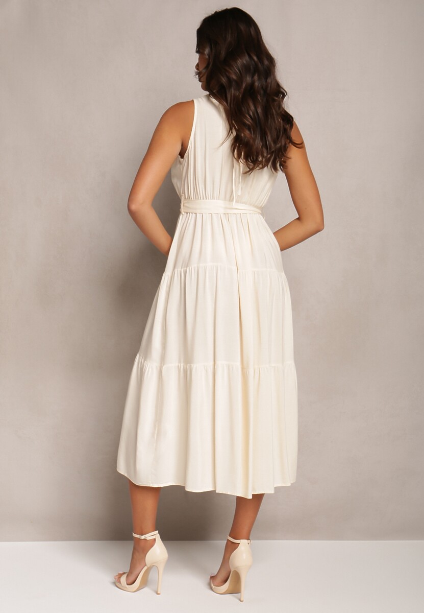 Beżowa Wiązana Sukienka Midi bez Rękawów z Gumką w Talii Mideyo