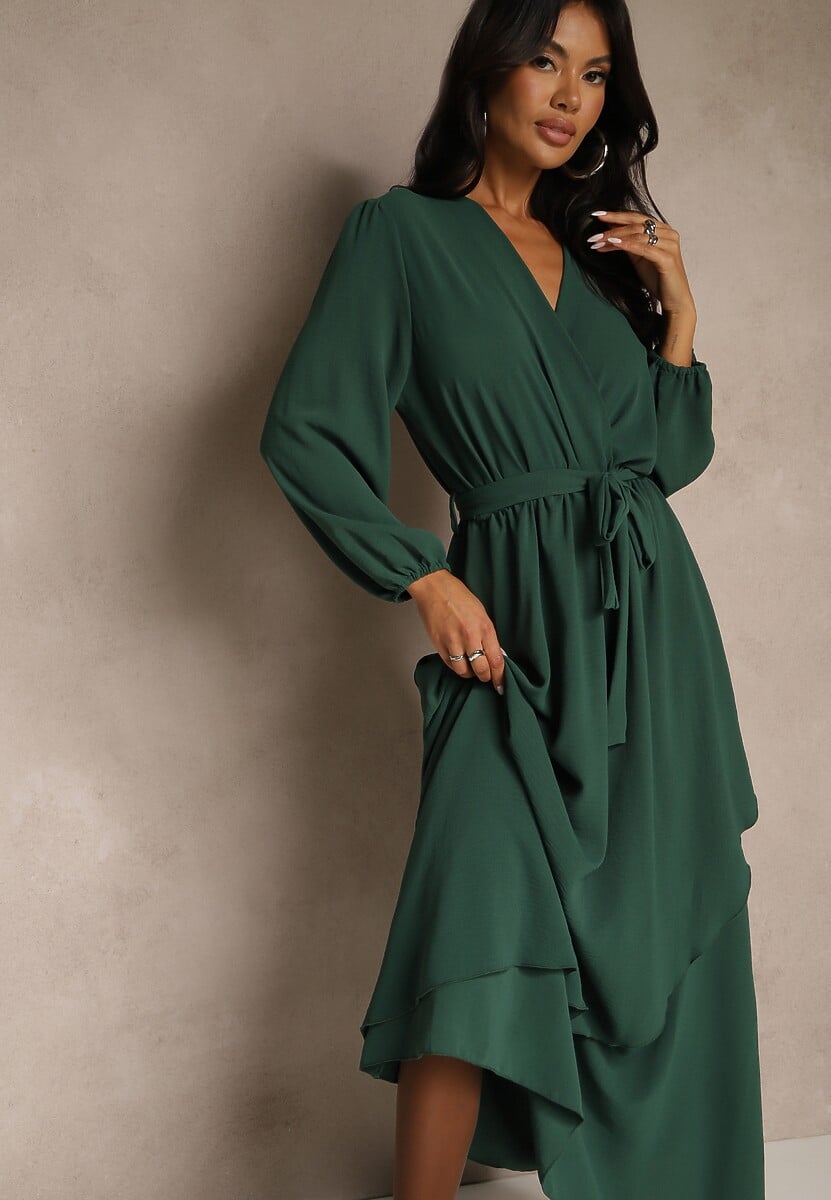 Zielona Asymetryczna Koktajlowa Sukienka z Wiskozą Kopertowym Dekoltem i Paskiem Laniea